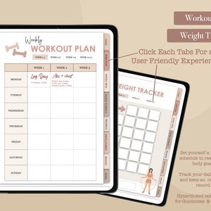 May include: A digital planner with tabs for "Workout Plan" and "Weight Tracker". The "Workout Plan" tab has a weekly schedule with space to write in workouts for each day. The "Weight Tracker" tab has a grid to track weight over time. The planner is designed for use with Goodnotes and Notability.