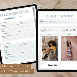 May include: A digital planner with two pages, one for transportation and one for outfit planning. The transportation page has sections for rental company, car make, car model, address, phone, price per day, confirmation number, and notes. The outfit planning page has sections for weather, day, and night. The day and night sections have space for photos of outfits. The planner has the text "Summer Time" written on it.