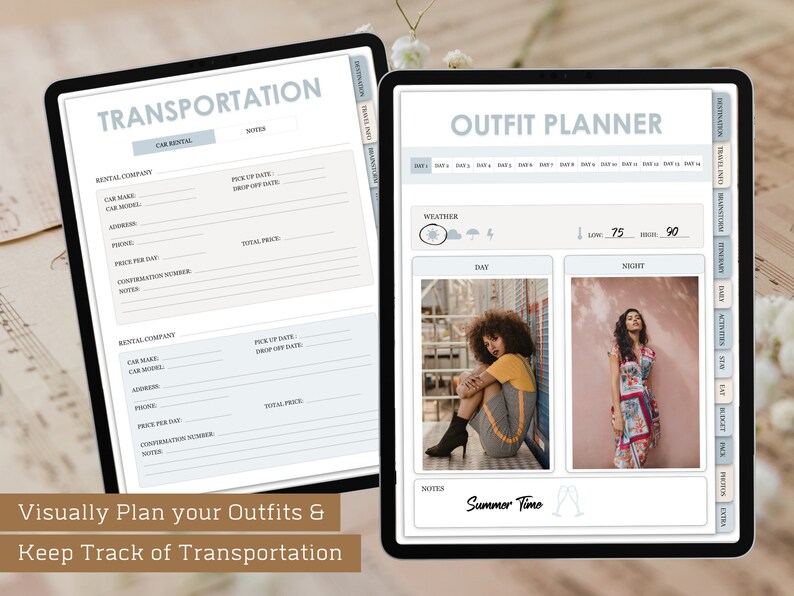 May include: A digital planner with two pages, one for transportation and one for outfit planning. The transportation page has sections for rental company, car make, car model, address, phone, price per day, confirmation number, and notes. The outfit planning page has sections for weather, day, and night. The day and night sections have space for photos of outfits. The planner has the text "Summer Time" written on it.