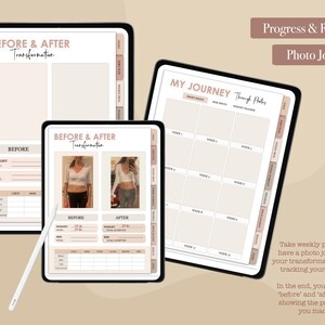 May include: Two digital planners with a beige and brown color scheme. The first planner is titled "Before & After Transformation" and includes sections for tracking weight, measurements, and photos. The second planner is titled "My Journey Through Photos" and includes a weekly photo journal for tracking progress.