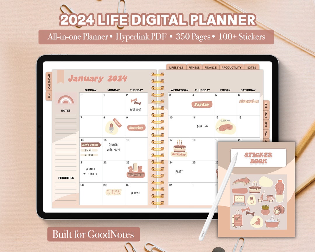 2024 Digital Planner for iPad for Goodnotes Cute Stickers Daily, Weekly ...