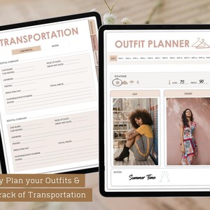May include: A digital planner with two pages, one for transportation and one for outfit planning. The transportation page has sections for rental company, car make, car model, address, phone, price per day, confirmation number, and notes. The outfit planning page has sections for weather, day, and night. The day and night sections have space for photos of outfits. The planner has a pink and brown color scheme and the text "Summer Time" is written in the notes section.