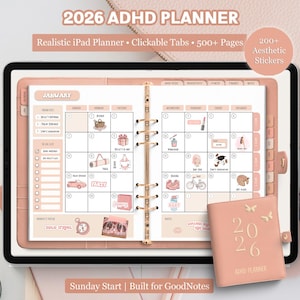 Różowy cyfrowy planer ADHD na rok 2026: Kalendarz Goodnotes na iPada z naklejkami (format PDF)