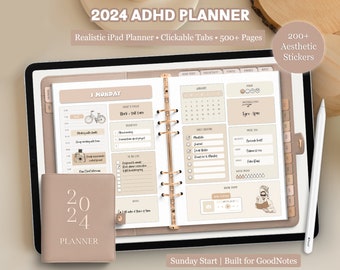 Planificateur numérique, Planificateur Goodnotes, Planificateur iPad, Planificateur numérique réaliste 2024, Planificateur de notabilité, Planificateur TDAH daté, Calendrier numérique