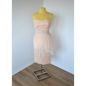 Vintage 50&#39;s Pink Champagne Lace Strapless Wiggle Dress Bride Prom Formal