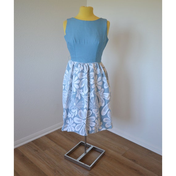 Vintage 70's Homemade Blue Dress with Lace Overla… - image 1