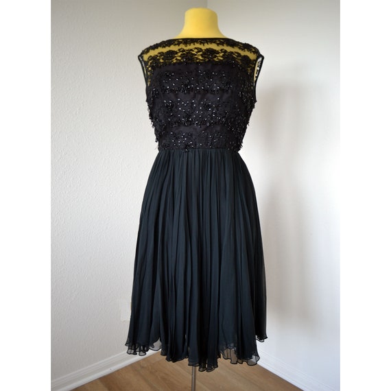 Vintage 50's Gathered and Beaded Black Evening Dr… - image 5
