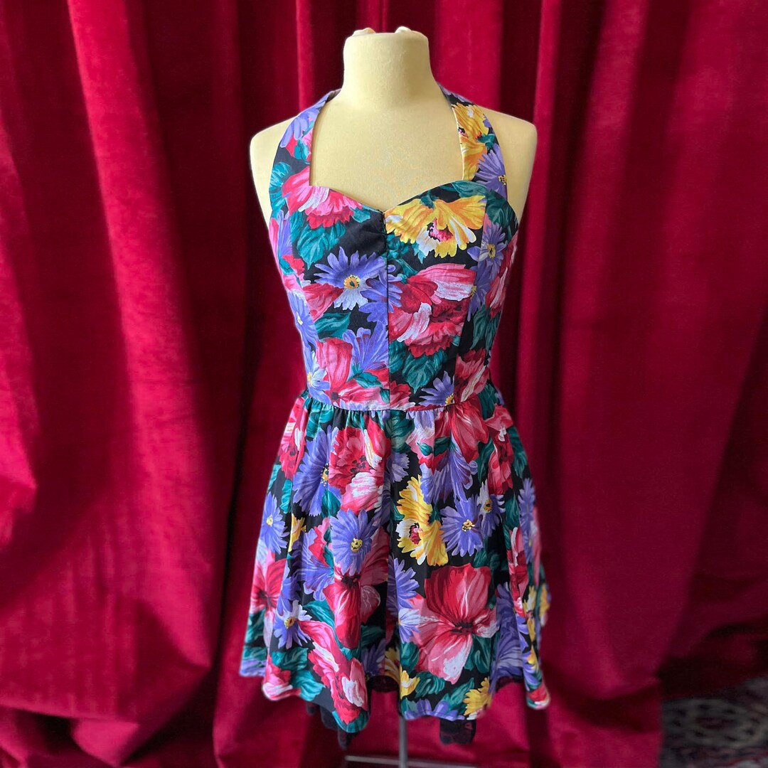 Vintage 80's Does 50's All That Jazz Floral Halter Dress M Etsy