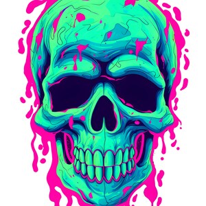 Könnte beinhalten: Eine grafische Illustration eines menschlichen Schädels in Blaugrün- und Cyan-Tönen, umgeben von leuchtend pinkfarbenen Flüssigkeitstropfen, die um den Schädel und den Kieferbereich zu schmelzen oder zu spritzen scheinen, vor weißem Hintergrund.