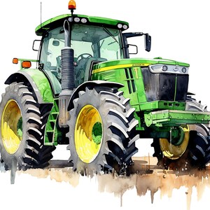 Könnte beinhalten: Eine Aquarellillustration eines grünen Traktors mit großen schwarzen Reifen und gelben Felgen. Das Fahrzeug verfügt über eine Glaskabine, ein vertikales Auspuffrohr und ein kleines orangefarbenes Licht auf dem Dach sowie einen Frontgrill.