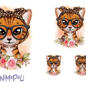 Könnte beinhalten: Eine digitale Illustration einer niedlichen Comic-Katze, die eine Leopardenmuster-Brille und ein Stirnband mit einem Blumenarrangement um den Hals trägt. Der Text "NoNiMaPaLi" steht unter der Katze.