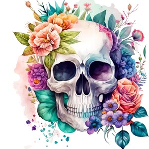 Könnte beinhalten: Eine Illustration eines menschlichen Schädels, umgeben von einem lebendigen Arrangement aus Aquarellblumen und Blättern. Der Schädel ist cremeweiß mit tiefen Schatten in den Augenhöhlen und der Nasenhöhle, akzentuiert durch rosa, orange, blaue und violette Blüten.