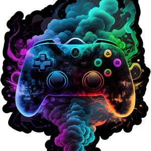 Könnte beinhalten: Ein Videospiel-Controller-Aufkleber mit einem lebendigen, mehrfarbigen Raucheffekt in Blau-, Lila-, Grün- und Orangetönen. Der Controller hat eine schwarze Basis mit bunten Aktionstasten und Analogsticks, umgeben von wirbelndem Rauch.