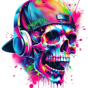 Bügelbilder - DTF Druck - 4 Motive - Helle & Dunkle TEXTILIEN - im SET - A4 Format - Skull Neon bunt