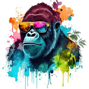 Könnte beinhalten: Eine Aquarellillustration eines Gorillas mit Sonnenbrille. Der Gorilla ist mit blauem und schwarzem Fell dargestellt, und die Sonnenbrille spiegelt eine farbenfrohe Szene wider. Farbspritzer aus orange, grün und blau umgeben den Gorilla.
