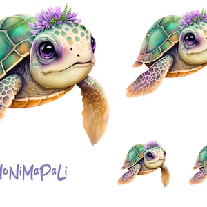 Könnte beinhalten: Aquarellillustration mehrerer entzückender Meeresschildkröten mit großen, ausdrucksstarken Augen und einem Kranz aus lila Blumen. Die Schildkröten haben grüne und türkisfarbene Panzer und hellbraune Flossen. Das Wort "NoNiMaPaLi" steht in lila Schrift darunter.