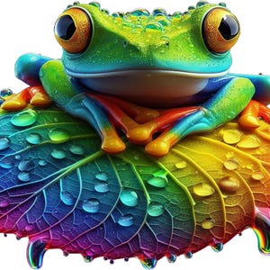 Könnte beinhalten: Eine farbenfrohe Illustration eines Frosches, der auf einem regenbogenfarbenen Blatt sitzt. Der Frosch ist hauptsächlich grün, blau und orange, mit großen, ausdrucksstarken Augen. Das Blatt zeigt ein Farbspektrum, und Wassertropfen sind über die Oberfläche verteilt.