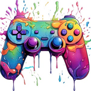 Könnte beinhalten: Ein Videospiel-Controller, der mit leuchtenden, mehrfarbigen Farbspritzern und Tropfen bedeckt ist. Der Controller verfügt über ein violettes Steuerkreuz, zwei Analogsticks und vier Aktionstasten mit Dreieck-, Quadrat-, Kreis- und Kreuzsymbolen.
