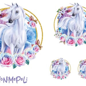 Könnte beinhalten: Ein weißes Einhorn mit einem goldenen Horn steht in einem Kreis aus rosa, blauen und weißen Rosen. Das Einhorn ist von einem goldenen Glitzerkreis und einem blauen und violetten Sternenhimmel umgeben. Der Text "NoNiMaPaLi" ist in Lila unter dem Kreis geschrieben.