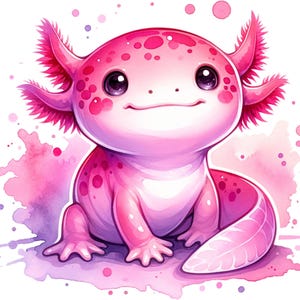 Könnte beinhalten: Aquarellillustration eines rosa Axolotls mit dunkelrosa Flecken und federartigen Kiemen. Der Axolotl hat große, dunkle Augen und ein sanftes Lächeln. Der Hintergrund zeigt rosa und violette Wasserspritzer.
