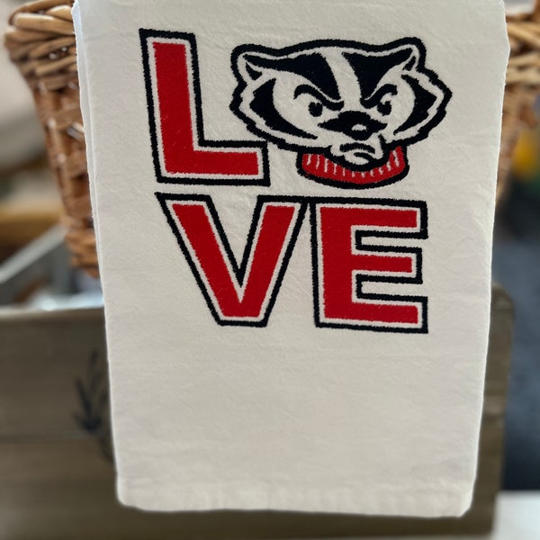 Wisconsin LOVE embroidered kitchen tea towel