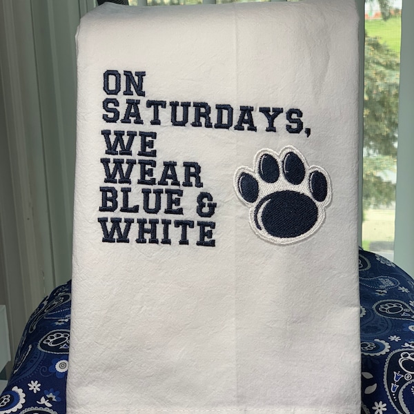 On Saturdays Wear Blue embroidered kitchen tea towel