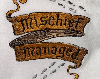 Mischief Managed embroidered kitchen tea towel