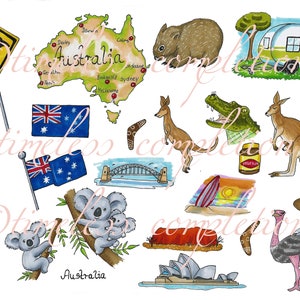 Clipart, Sticker, Australien, digital, gezeichnet, DIN A4, Aufkleber, für Scrapbooking, Grußkartengestaltung,