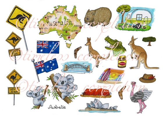 Clipart, Sticker, Australien, digital, gezeichnet, DIN A4, Aufkleber, für Scrapbooking, Grußkartengestaltung,
