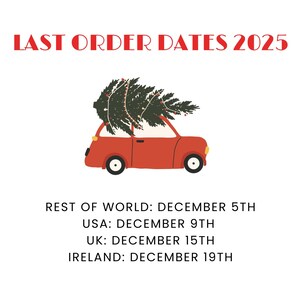 a red car carrying a Christmas tree, with the text "LAST ORDER DATES 2025" displayed above it.