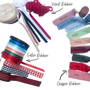 various types of ribbons and fabric swatches, including velvet ribbons, satin ribbons, and chiffon ribbons, along with some color swatches for different ribbon colors.