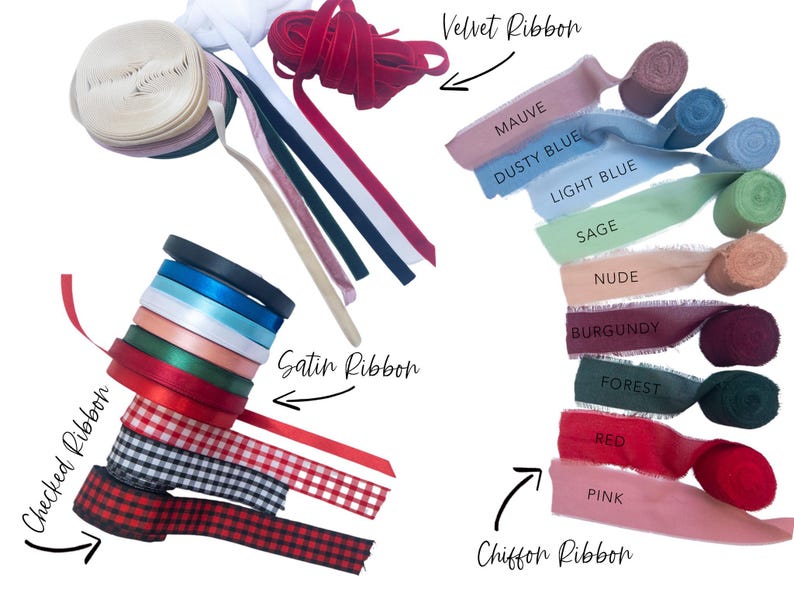 various types of ribbons and fabric swatches, including velvet ribbons, satin ribbons, and chiffon ribbons, along with some color swatches for different ribbon colors.