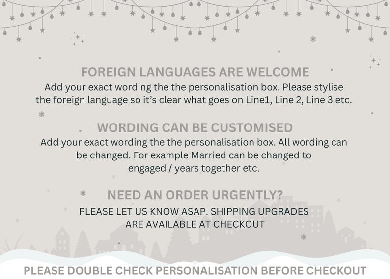 text that welcomes visitors to a foreign language, provides instructions on customising the personalisation box, and advises to order items immediately. It also mentions that shipping upgrades are available at checkout. The text is clear and concise, and it does not contain any redundancy or vague wording.