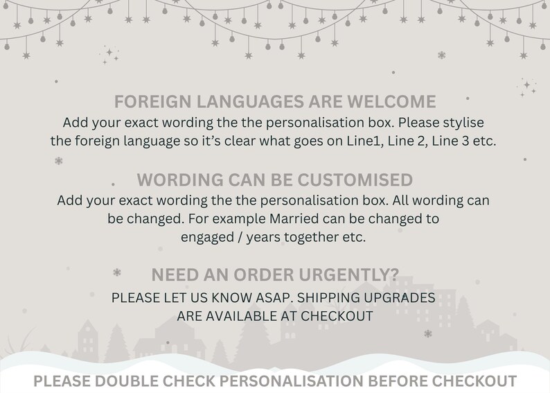 text that welcomes visitors to a foreign language, provides instructions on customising the personalisation box, and advises to order items immediately. It also mentions that shipping upgrades are available at checkout. The text is clear and concise, and it does not contain any redundancy or vague wording.