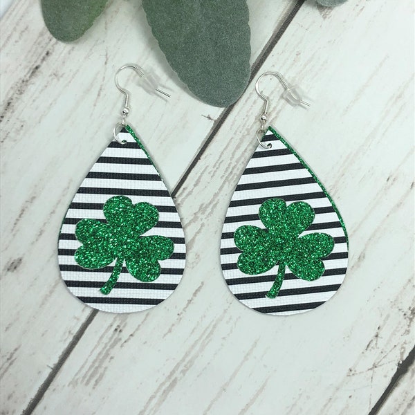 Green glitter, black/white stripes faux leather shamrock earrings. #1026