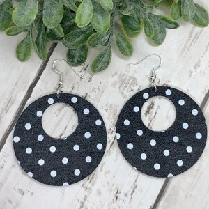 Black/white polka dots faux leather earrings.  #1013