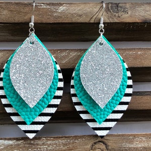 Black/white stripes, teal, silver glitter faux leather earrings.  #954