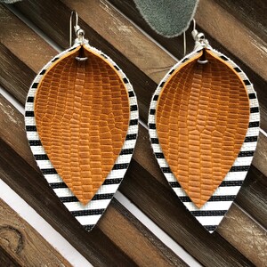 Textured Mustard Yellow, Black & White Stripes Faux Leather Earrings.  #1320