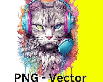 May include: A colorful illustration of a cat wearing headphones with a pink and blue design. The cat has green and blue eyes and a serious expression. The background is a yellow and white gradient with colorful paint splatters.