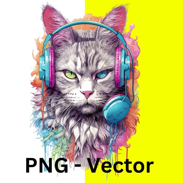 Intricate fun Dj cat with headphones, PNG file 300 DPI, and SVG Vector File,  any occasion sublimation designs