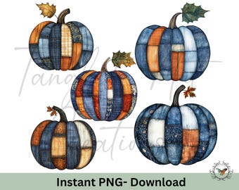 5 Beautiful Fall Denim pumpkins, high resolution PNG file 3000x3629, 300 DPI, great for sublimation, Fall Halloween vibes