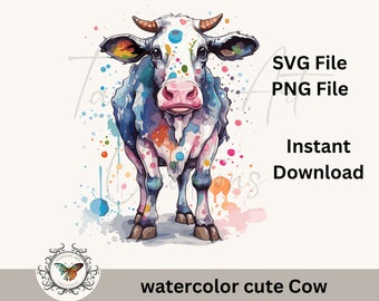 Watercolor Cow high resolution PNG file 4000x4000, 300 DPI, SVG File, great for sublimation, stickers, clipart, moms gift