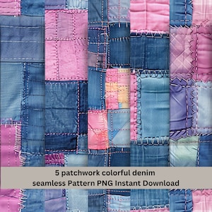May include: Five seamless patchwork patterns featuring colourful denim fabric in shades of blue and pink. The fabric is stitched together in a variety of patterns, creating a unique and textured look.