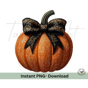 May include: A glittery orange pumpkin with a black bow. The pumpkin has a textured surface and the bow has gold glitter accents.