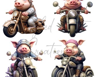 Funny pig in motorcycle caricature, colorful,  high resolution PNG file 4000x4000, 300 DPI, great for sublimation, stickers, clipart, gift