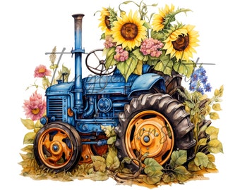 Puede incluir: Un tractor vintage azul con ruedas amarillas está rodeado de girasoles y otras flores silvestres. El tractor tiene un gran volante redondo amarillo y un gran motor redondo amarillo.