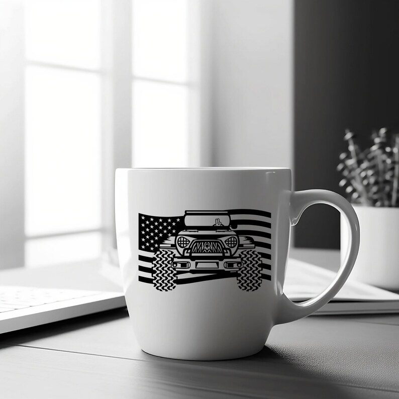 May include: White ceramic mug featuring a black and white image of a Jeep driving over an American flag.