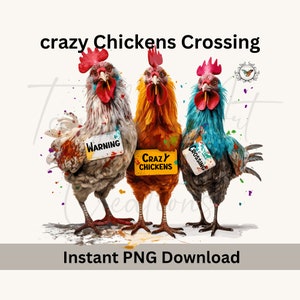 Crazy Chickens Crossing, Funny chickens caricature, colorful,  high resolution 300 DPI, great for sublimation, stickers, clipart