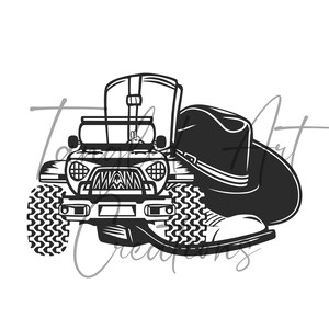 May include: Black and white illustration of a jeep, cowboy hat, and boot. The jeep has a grill with a pattern and a spare tyre on the back. The cowboy hat is on top of the boot.