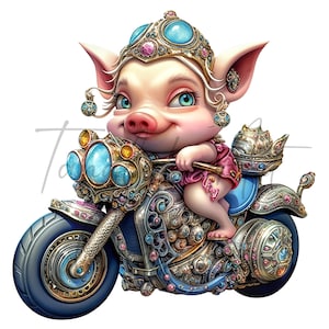 Beautiful intricate female Pig riding a bling motorcycle ,  PNG file 300 DPI gray gift sublimation designs